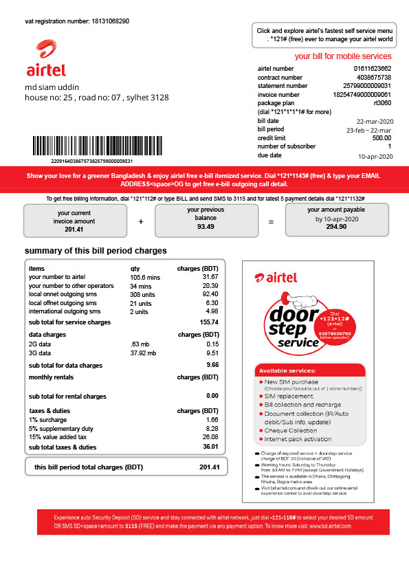 Bangladesh Airtel Editable Mobile Bill Template in Word and PDF formats