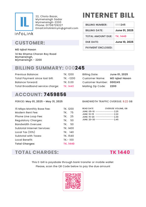 Bangladesh InfoLink Editable Utility Bill Template in Word and PDF formats