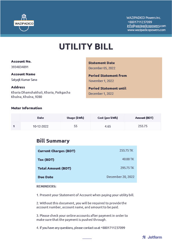Bangladesh WAZIPADICO Powers Inc Editable Utility Bill Template in Word and PDF formats