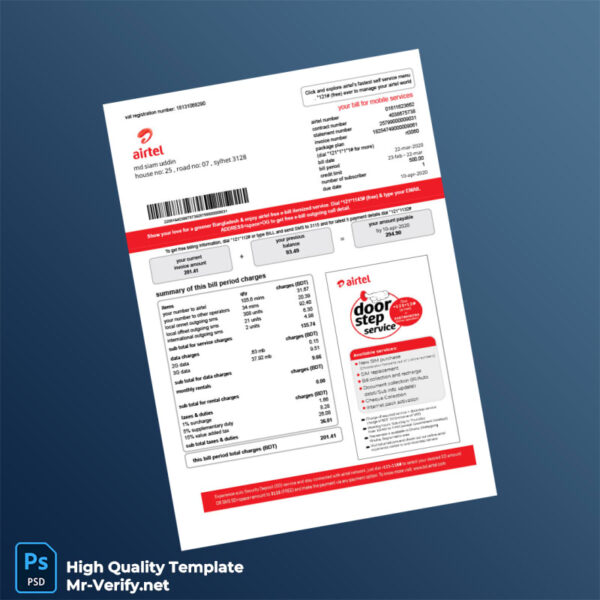 Bangladesh Airtel Editable Mobile Bill Template in Word and PDF formats