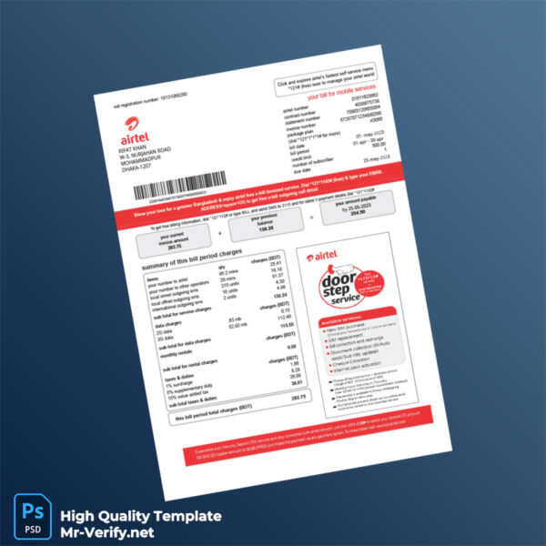 Bangladesh Airtel Editable Phone Bill Template in Word and PDF formats