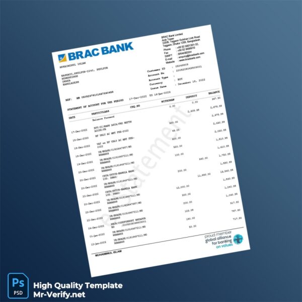 Bangladesh BRAC Bank Statement Template in Word and PDF formats 2 page Bangladesh BRAC Bank Statement Template in Word and PDF formats 2 page