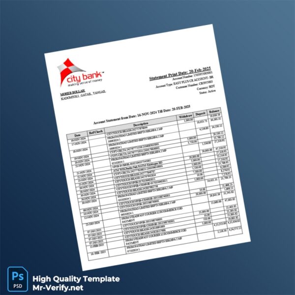 Bangladesh City Bank Account Statement Template in Word and PDF formats 2 page