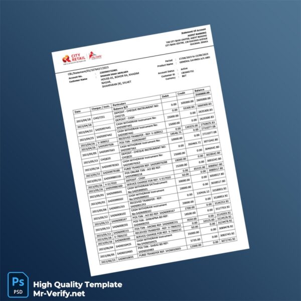Bangladesh City Bank Limited Bank Statement Template in Word and PDF formats 3 page