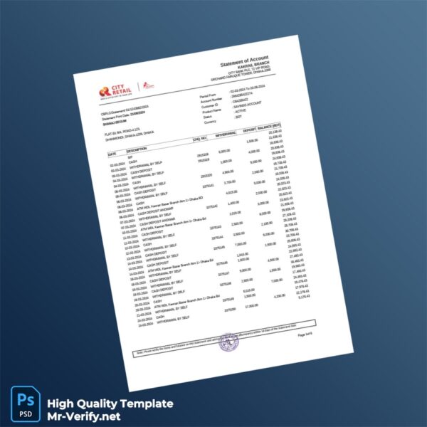 Bangladesh City Bank Statement Template in Word and PDF formats 7 page