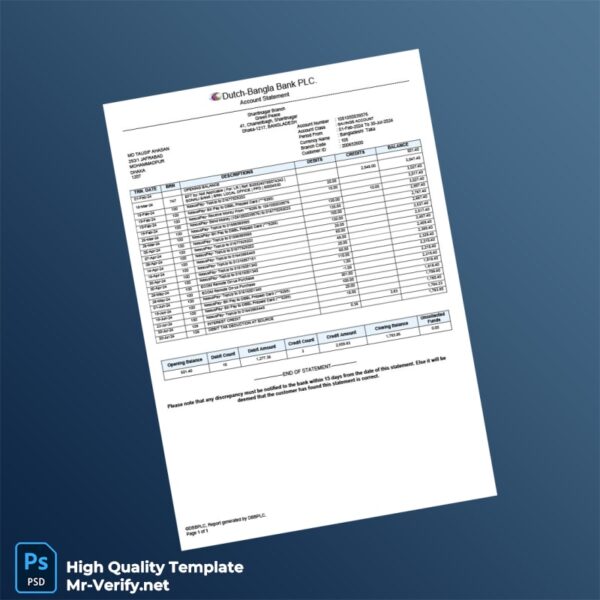 Bangladesh DBBL Bank Statement Template in Word and PDF formats