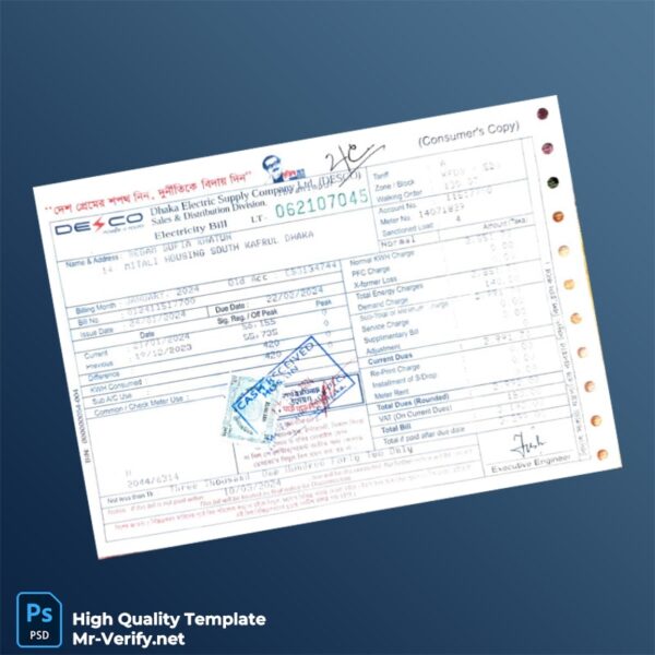 Bangladesh Dhaka Electric Supply Company Editable Electricity Bill Template in Word and PDF formats