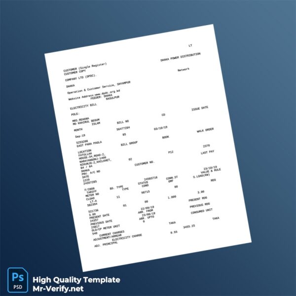 Bangladesh Dhaka Power Distribution Company Limited Editable Utility Bill Template in Word and PDF formats 4 page