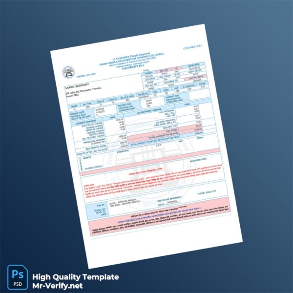 Bangladesh Dhaka Power Distribution Company Ltd Editable Electricity Bill Template in Word and PDF formats