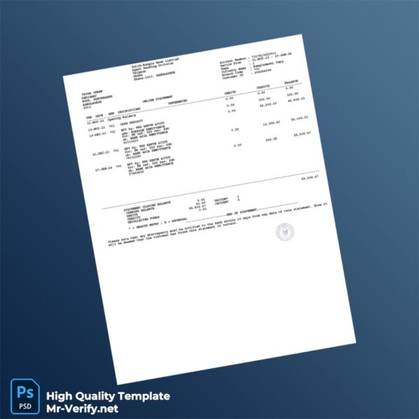 Bangladesh Dutch-Bangla Bank Limited Bank Statement Template in Word and PDF formats