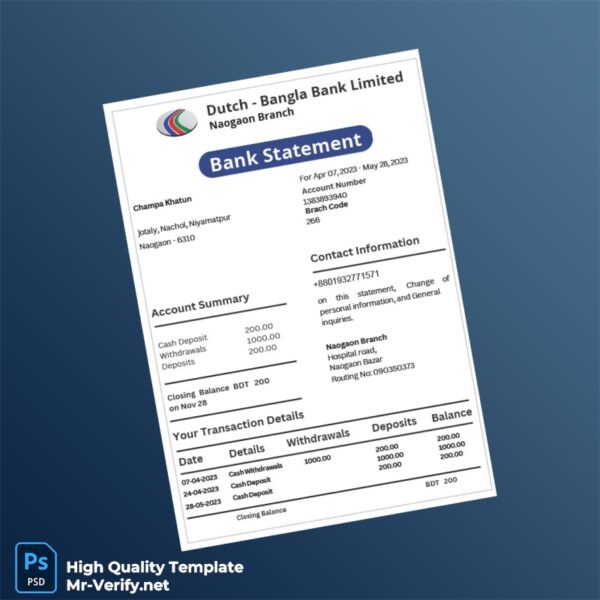 Bangladesh Dutch-Bangla Bank Statement Template in Word and PDF formats