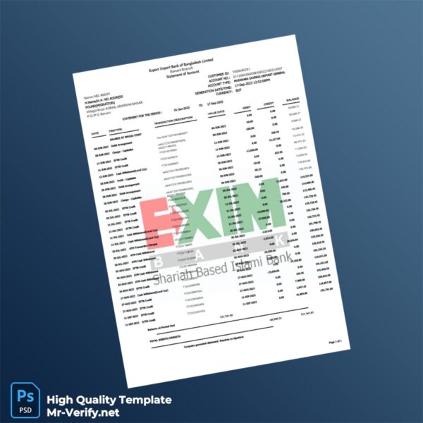 Bangladesh Export Import Bank of Bangladesh Limited Bank Statement Template in Word and PDF formats