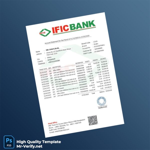 Bangladesh IFIC Bank Statement Template in Word and PDF formats
