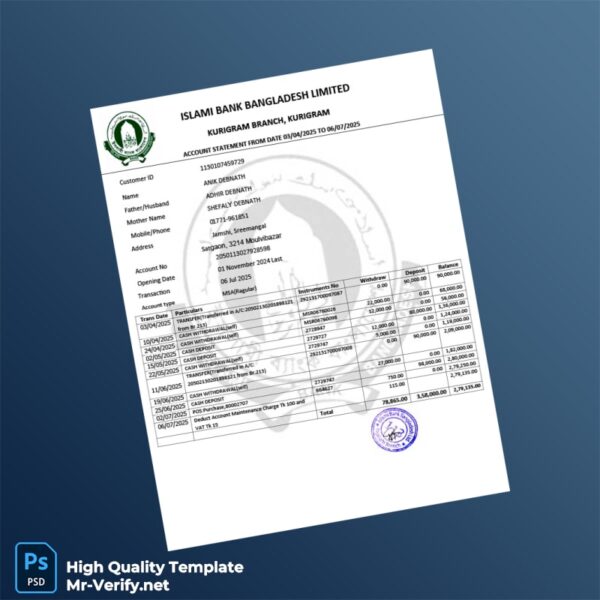 Bangladesh Islami Bank Bangladesh Limited Bank Statement Template in Word and PDF formats