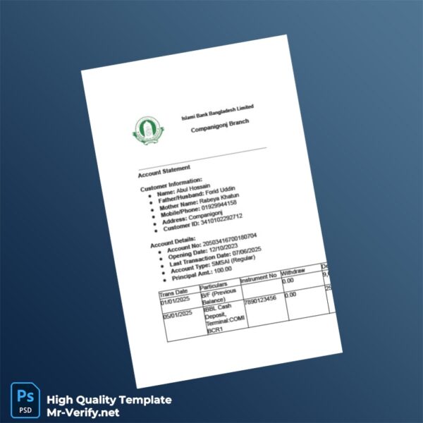 Bangladesh Islami Bank Limited Editable Account Statement Template in Word and PDF formats 3 page