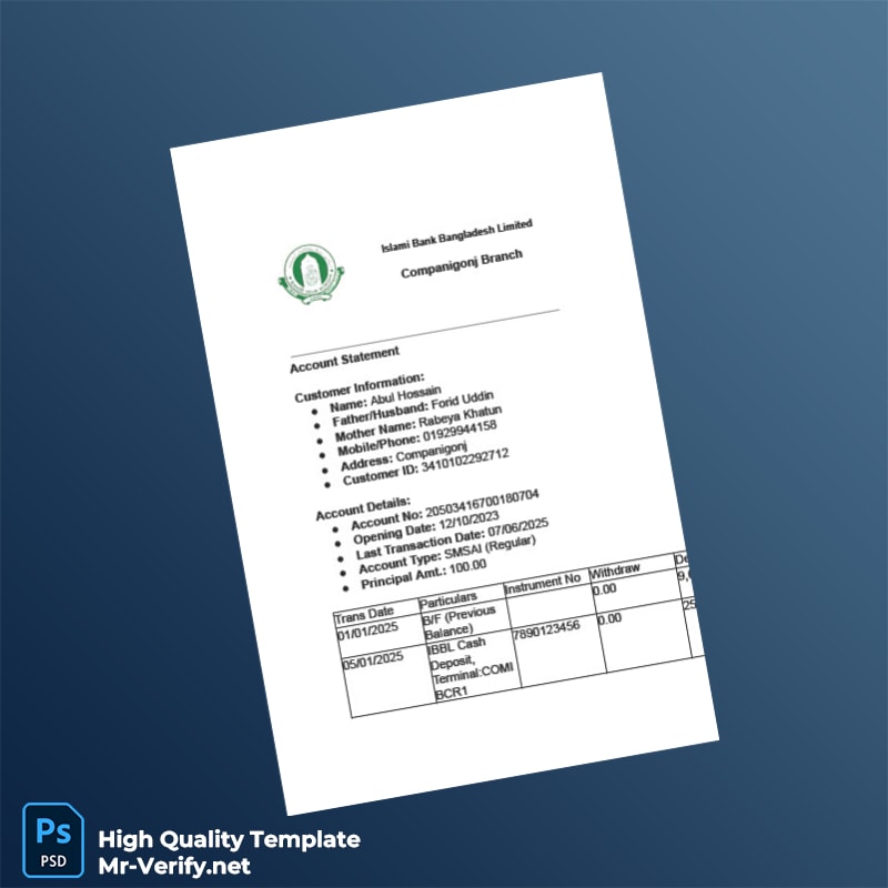 Bangladesh Islami Bank Limited Editable Account Statement Template in Word and PDF formats 3 page Bangladesh Islami Bank Limited Editable Account Statement Template in Word and PDF formats 3 page