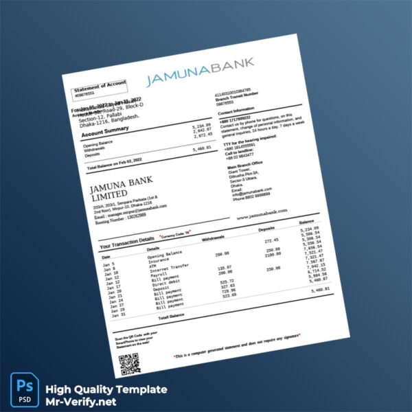 Bangladesh Jamuna Bank Account Statement Template in Word and PDF formats 2 page