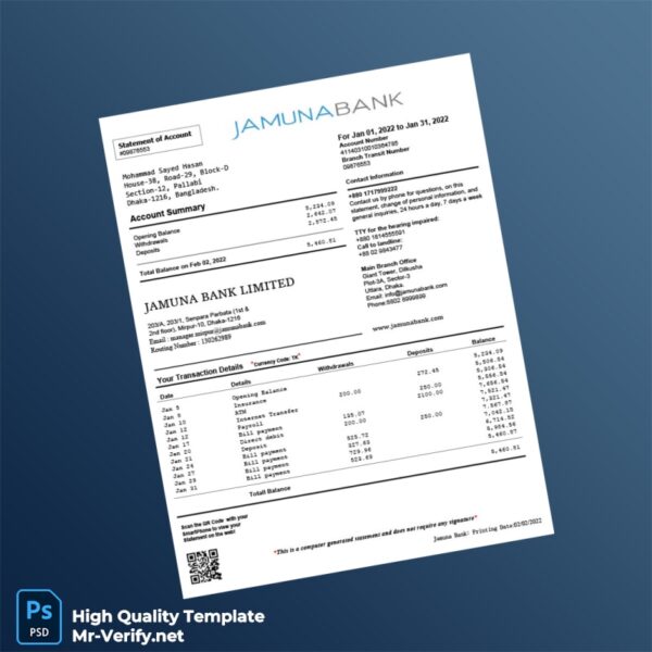 Bangladesh Jamuna Bank Bank Statement Template in Word and PDF formats Bangladesh Jamuna Bank Bank Statement Template in Word and PDF formats