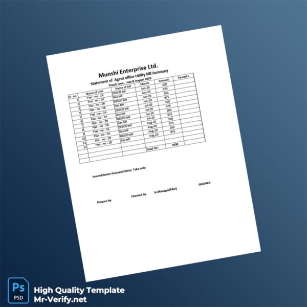 Bangladesh Munshi Enterprise LTD Editable Utility Bill Template in Word and PDF formats