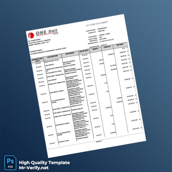 Bangladesh NANDIPARA Bank Statement Template in Word and PDF formats 2 page