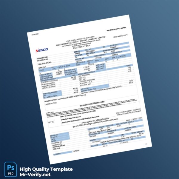 Bangladesh NESCO Editable Electricity Bill Template in Word and PDF formats