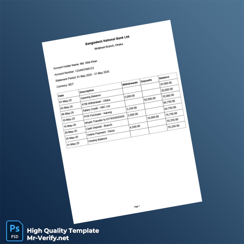 Bangladesh National Bank Bank Statement Template in Word and PDF formats Bangladesh National Bank Bank Statement Template in Word and PDF formats
