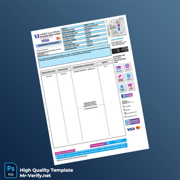 Bangladesh Southeast Bank Credit Card Statement Template in Word and PDF formats