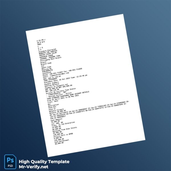 Bangladesh Standard Chartered Editable Bank Statement Template in Word and PDF formats 2 page