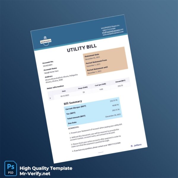 Bangladesh WAZIPADICO Powers Inc Editable Utility Bill Template in Word and PDF formats