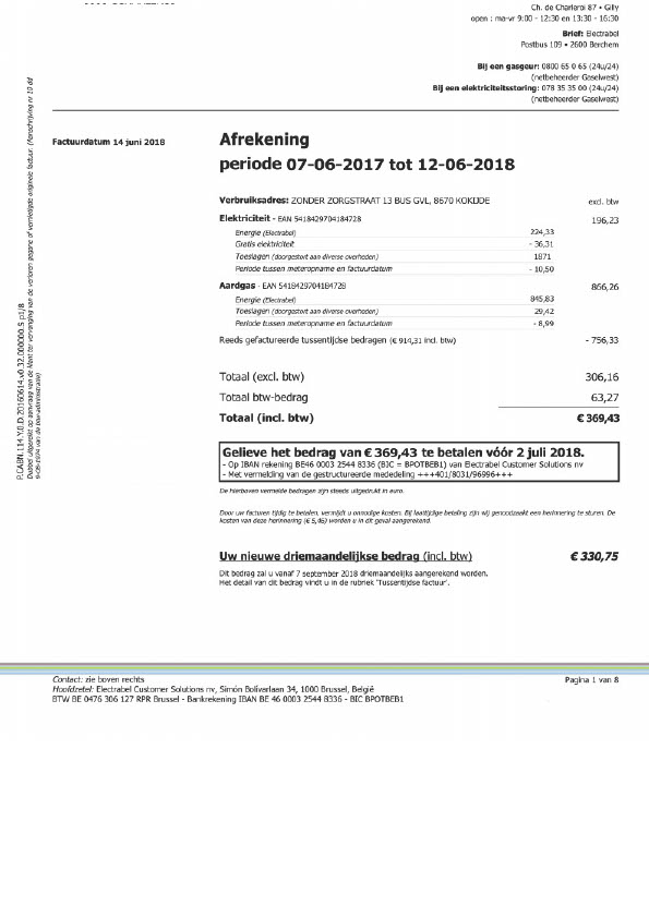 Belgium Electricabel Customer Solutions Editable Utility Bill Template in Word and PDF formats