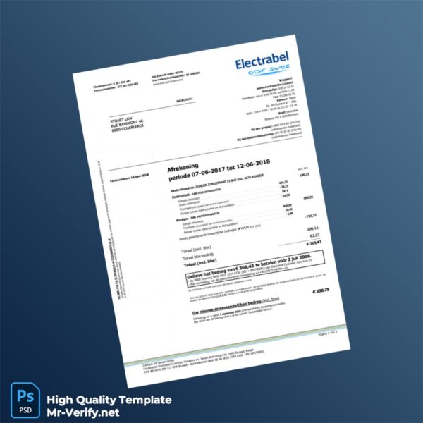 Belgium Electrabel Editable Electricity Bill Template in Word and PDF formats