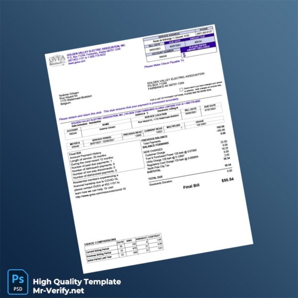Belgium Golden Valley Electric Association Editable Electricity Bill Template in Word and PDF formats 2 page