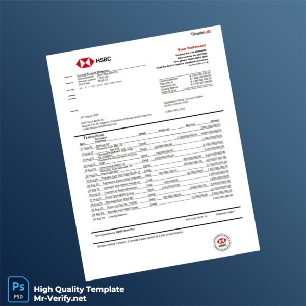 Bosnia and Herzegovina HSBC Bank Statement Template in Word and PDF formats