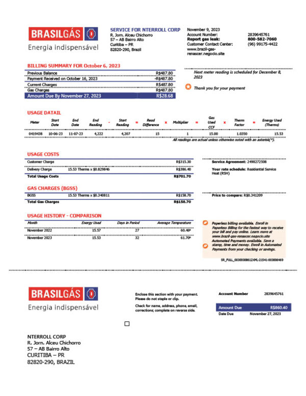 Brazil BRASILGÁS Editable Gas Bill Template in Word and PDF formats