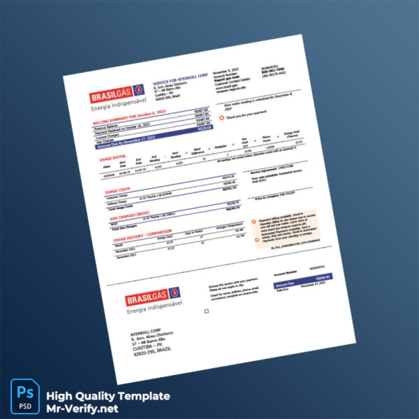 Brazil BRASILGÁS Editable Gas Bill Template in Word and PDF formats