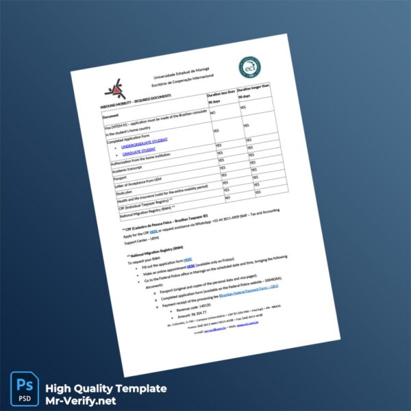 Brazil Universidade Estadual de Maringá Editable Inbound Mobility Document Template in Word and PDF formats 2 page