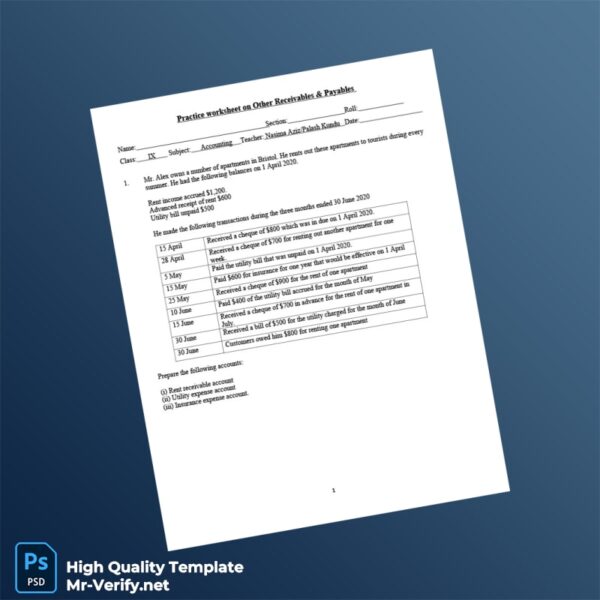 Bristol Editable Practice Worksheet On Other Receivables Payables Template in Word and PDF formats