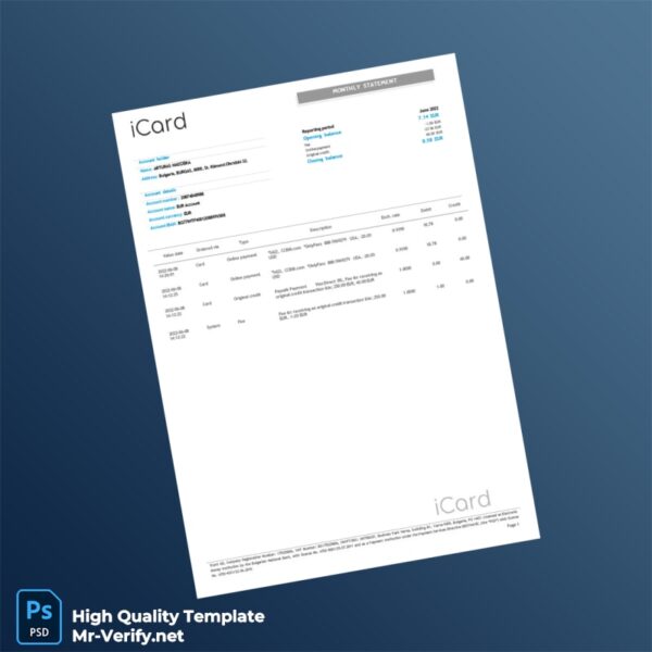 Bulgaria iCard Bank Statement Template in Word and PDF formats