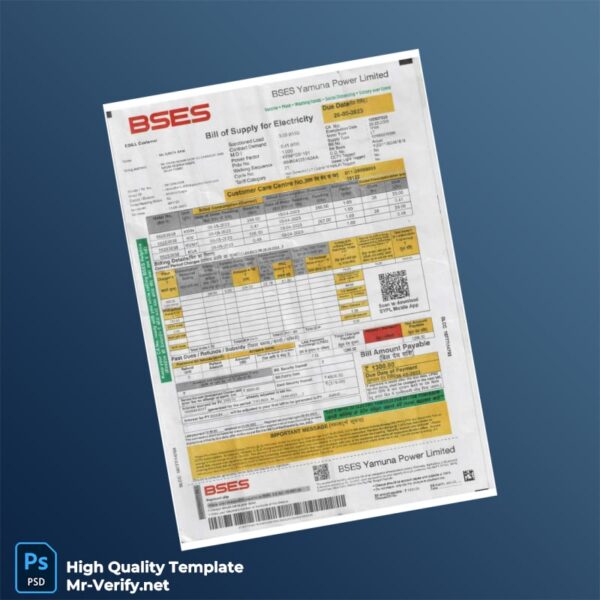 COM BSES Yamuna Power Limited Editable Electricity Bill Template in Word and PDF formats
