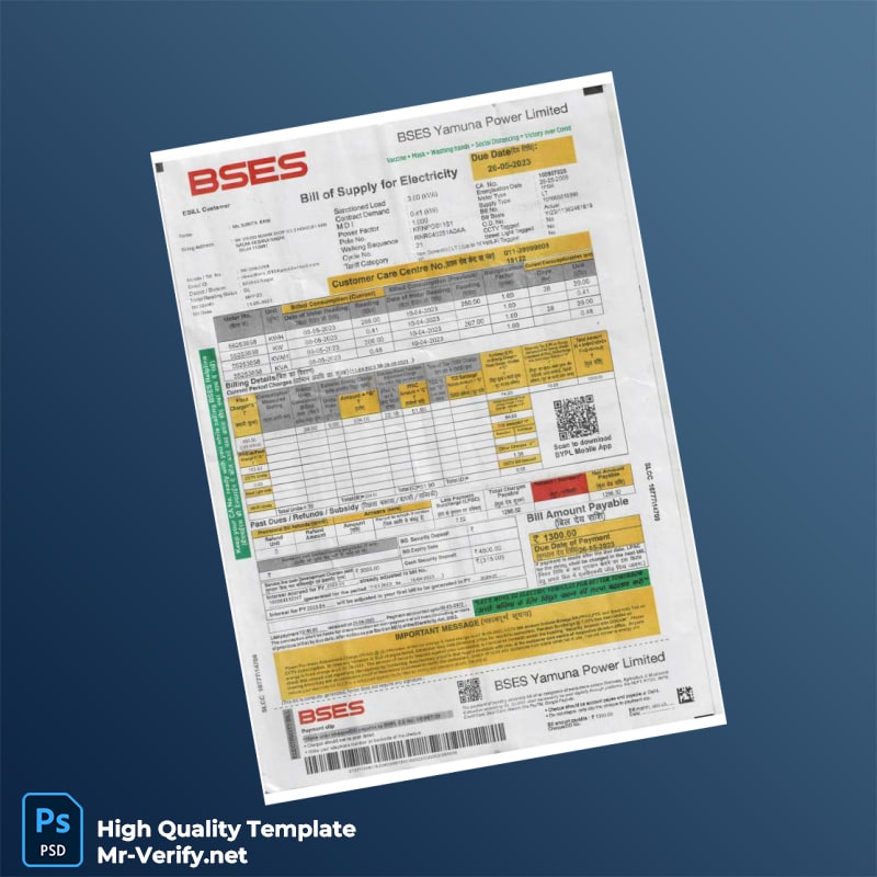 COM BSES Yamuna Power Limited Editable Electricity Bill Template in Word and PDF formats COM BSES Yamuna Power Limited Editable Electricity Bill Template in Word and PDF formats