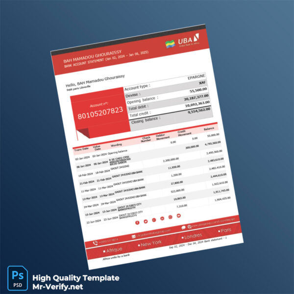 Cameroon UBA Bank Statement Template in Word and PDF formats 3 page