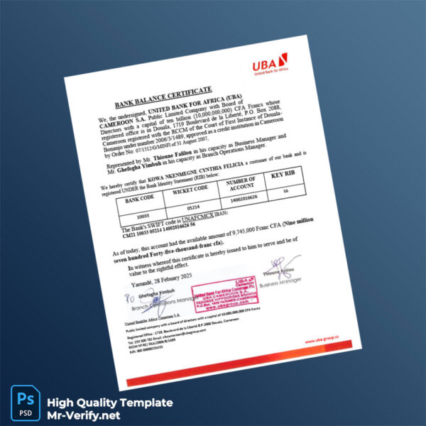 Cameroon United Bank for Africa Bank Statement Template in Word and PDF formats 3 page