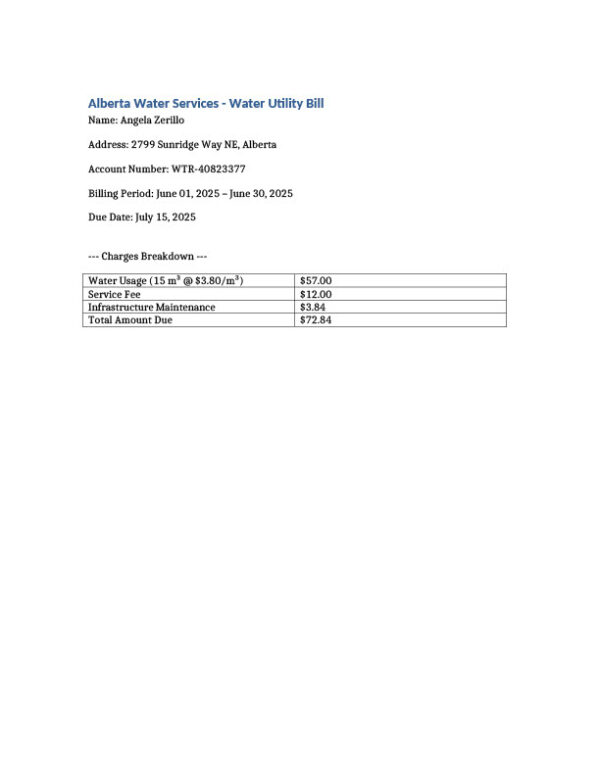 Canada Alberta Water Services Editable Water Utility Bill Template in Word and PDF formats