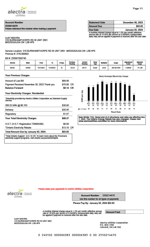Canada Alectra Utilities Editable Electricity Bill Template in Word and PDF formats 2 page
