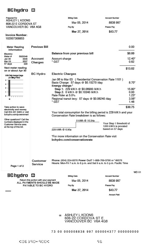 Canada BC Hydro Editable Utility Bill Template in Word and PDF formats 2 page