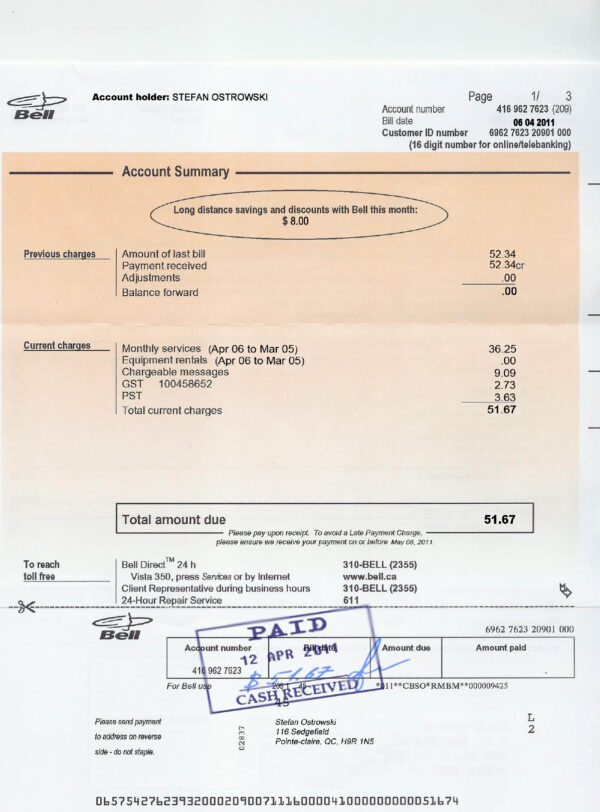 Canada Bell Editable Utility Bill Template in Word and PDF formats