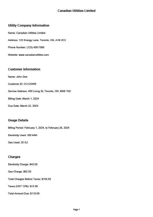 Canada Canadian Utilities Limited Editable Utility Bill Template in Word and PDF formats