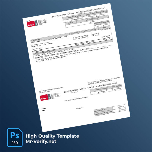 Canada City of Calgary Editable Property Tax Bill Template in Word and PDF formats