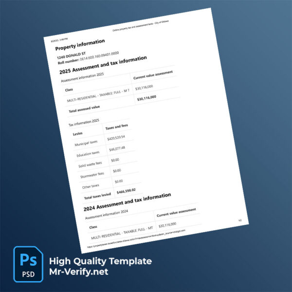 Canada City of Ottawa Editable Property Tax Bill Template in Word and PDF formats
