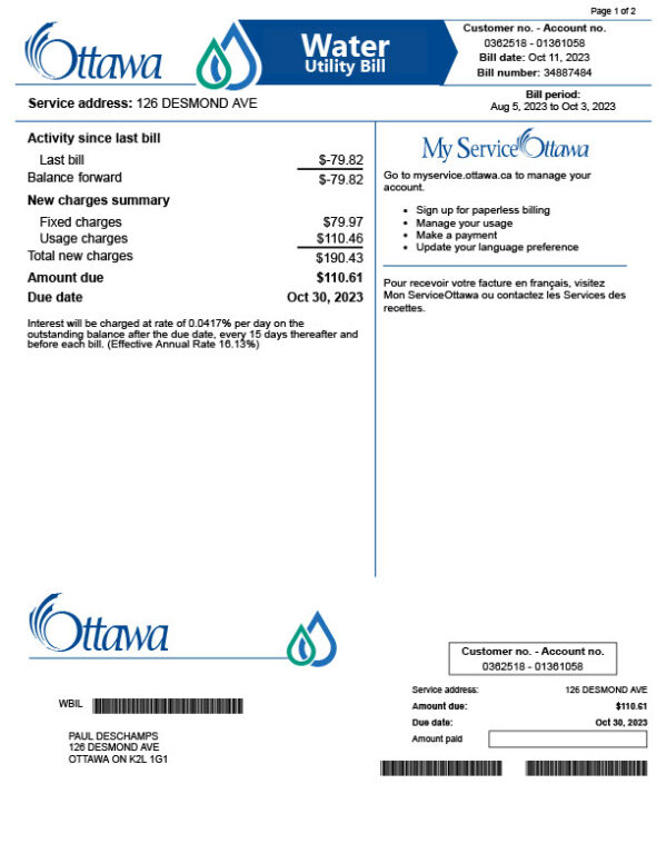Canada City of Ottawa Editable Water Bill Template in Word and PDF formats 2 page